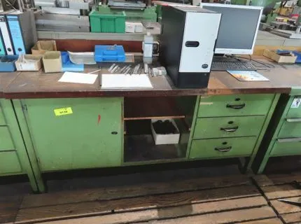 1 workbench, approx. 180 x 90 cm, 2 base cabinets, 1 hinged door, 1 x 3 drawers