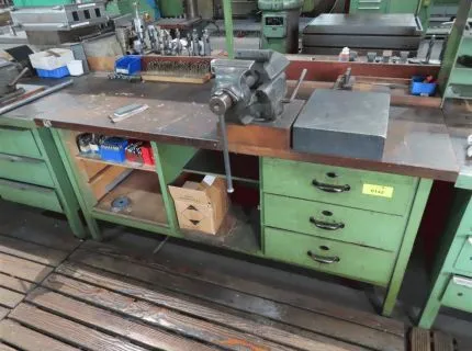 1 workbench, approx. 180 x 90 cm, with base cabinet, 3 drawers, mounted vise