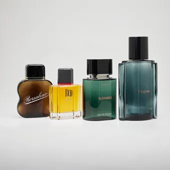 JIL SANDER, BORSALINO, BOGNER ETC., Konvolut Großfacticen / Flacons, Kunststoff, Glas, 20. Jahrhundert. (4).