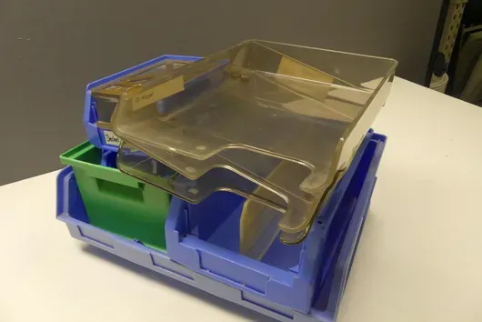 Storage box assortment (open-front bins, stacking boxes, storage baskets)