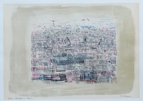 THOMAS BAYRLE. "Ölstadt in Texas", Farblithographie, signiert.