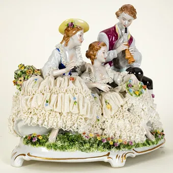 Large crinoline/lace figures shepherd group in Rococo style, Unterweissbach porcelain art workshops, Thuringia, 1970s.