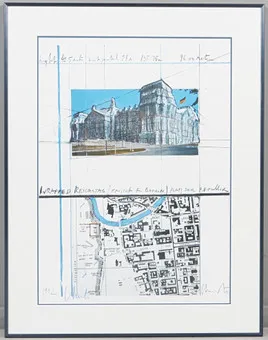CHRISTO A JEANNE-CLAUDE (1935-2020). 'Wrapped Reichstag. Platz der Republik', barevný offsetový litograf, 1992, ručně podepsaný modrou křídou.