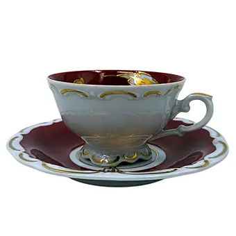 PORCELAINE PEINTE KRÜGER. TASSE À COLLECTIONNER AVEC SOUS-TASSE - ANNÉES 1930 À 1950.