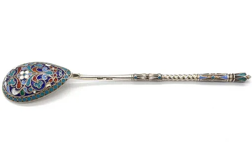 Antique Russian 875 silver/84 zolotniks cloisonné spoon, Moscow, late 19th century.