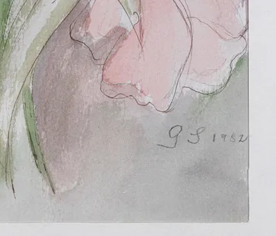 Rote Tulpen, monogrammiert.