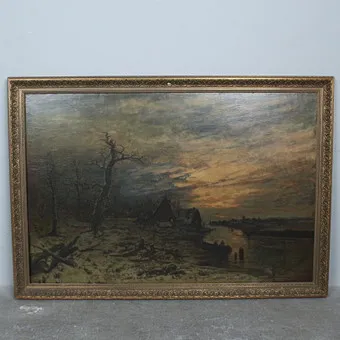 JOSEPH F. HEYDENDAHL (1844-1906). Olieverf op doek op paneel, '' Schemering over winterlandschap ''.