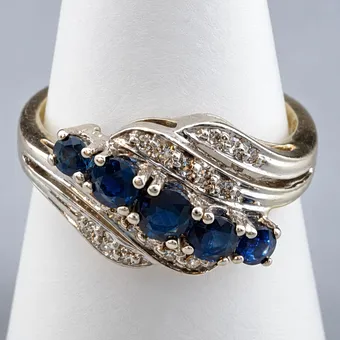 Saffierring met diamanten - geel/witgoud 585/000 (14K).