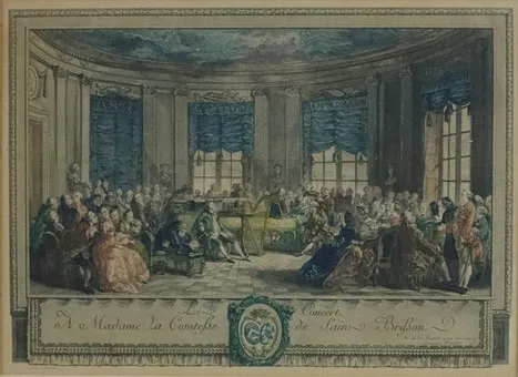SAINT-AUBIN, AUGUSTIN DE. NAAR. "Le Concert. A Madame la Comteße de Saint Brißon", oud ingekleurde kopergravure, circa 1820.