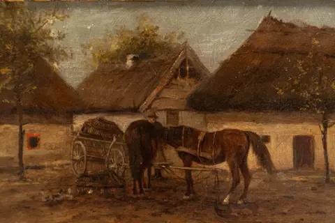 BELA NEMETH (1856-?). Paarden bij de hooiwagen.