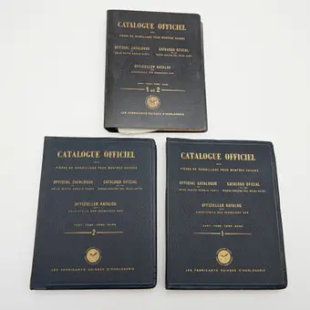 Trzy tomy, 'Oficjalny katalog oryginalnych części zamiennych do naprawy zegarka szwajcarskiego', w czterech językach, wyd. Les Fabricants Suisses d'Horlogerie, 1949 / 1955, Szwajcaria. (3).