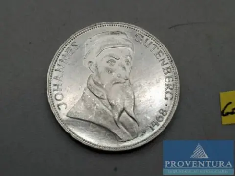Srebrna moneta Republika Federalna Niemiec 5 DM Johannes Gutenberg 1968 vz srebro .625 11,2 gr waga brutto