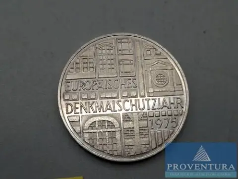 Pièce en argent République fédérale d'Allemagne 5 DM Année européenne du patrimoine 1975 st Argent .625 11,2 g poids brut