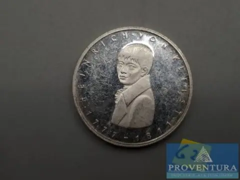 Pièce en argent République fédérale d'Allemagne 5 DM Heinrich von Kleist 1977 vz depuis pp argent .625 11,2 g poids brut