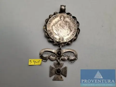 Trachtenschmuck um 1900 mit Münze Österreich 20 Kreutzer 1833B Madonna EH1383 Silber .583 6.68 gr Raugewicht