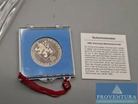 Zilveren munt Tsjechoslowakije 100 kronen wereldkampioenschap ijshockey 1985 pp zilver .500 brutogewicht 9 g