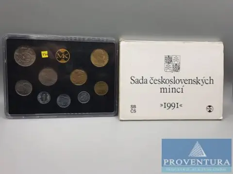 Muntset Tsjechoslowakije 1991 1 Haléř - 5 Kronen + 10 Kronen Masaryk