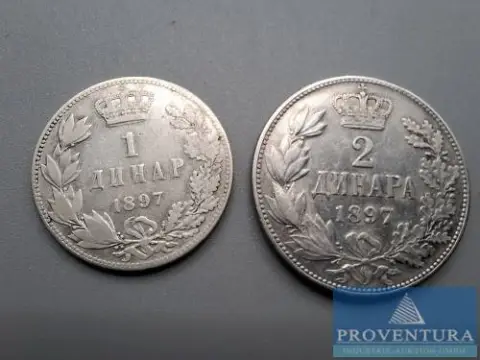 Zilveren munten Servië 1897 1 Dinar 2 Dinars KM21