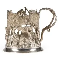 MASSIVER TEEGLAS-HALTER MIT BAUERNPAAR MIT KUH BEIM TRÄNKEN