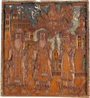 Icône datée avec deux saints évêques et sainte Philothée