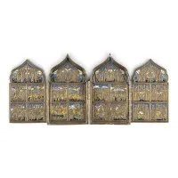 Tétraptyque en bronze signé avec grandes fêtes de l'année liturgique orthodoxe
