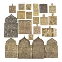 Collection de 18 icônes en bronze avec les grandes fêtes de l'année liturgique orthodoxe