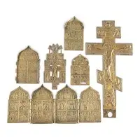 Collection de six icônes en bronze : crucifix et fêtes