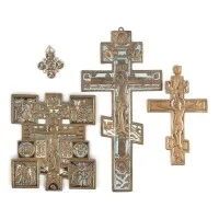 Collection de quatre icônes en bronze : crucifix et Mère de Dieu avec quatre saints