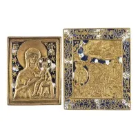 ZWEI BRONZE-IKONEN: GOTTESMUTTER VON SMOLENSK SOWIE PROPHET ELIAS MIT SEINER FEURIGEN HIMMELFAHRT