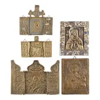Collection de cinq icônes en bronze avec représentations de la Mère de Dieu