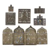 Collection de six icônes en bronze : Déisis, représentations de la Mère de Dieu et fêtes