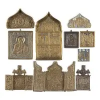 Collection de dix icônes en bronze : Déisis, Mère de Dieu de Smolensk, saints choisis et fêtes