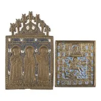 SIGNIERTE BRONZE-IKONE MIT DEM HEILIGEN DEMETRIUS SOWIE BRONZE-IKONE MIT DREI HIERARCHEN