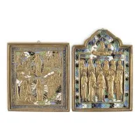Two bronze icons: signed icon with Julitta and Kirik and icon with the Resurrection and Descent into Hell of Christ