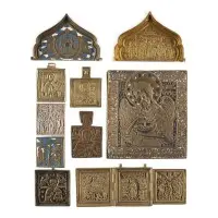 Collection de dix icônes en bronze : Mère de Dieu de Smolensk, saints choisis et fêtes