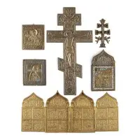 Collection de six icônes en bronze : crucifix, fêtes et saints choisis