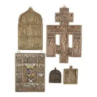Collection de cinq icônes en bronze : crucifix et fêtes