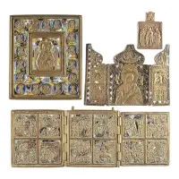 Collection de quatre icônes en bronze : Christ, le Bon Silence, Mère de Dieu de la Passion, saints choisis et fêtes
