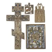 Collection de quatre icônes en bronze : crucifix, Trinité de l'Ancien Testament et saints choisis