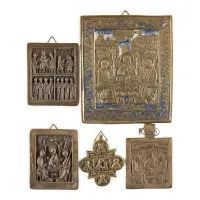 Collection de cinq icônes en bronze : Sainte Trinité de l'Ancien Testament et saints choisis