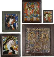 Cinq icônes sous verre : Mère de Dieu en deuil, archange et saints choisis