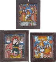 Trois icônes sur verre : Nativité, Baptême du Christ et Vierge à l'Enfant