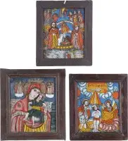 Trois icônes sur verre : Nativité, Baptême du Christ et Vierge à l'Enfant