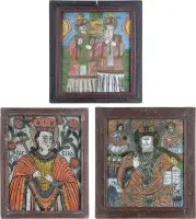 Trois icônes sur verre : icône datée de sainte Parascève, icônes de saint Nicolas et de saint Basile