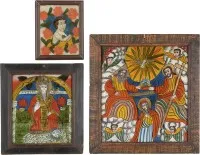 DREI HINTERGLAS-IKONEN: KRÖNUNG DER GOTTESMUTTER, HEILIGER CHARALAMPOS SOWIE DER CHRISTUS-KNABE