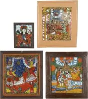 QUATRE ICÔNES SOUS VERRE : BAPTÊME DU CHRIST, DORMITION DE LA MÈRE DE DIEU ET SAINTS CHOISIS