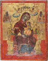 FEINE IKONE MIT DER THRONENDEN GOTTESMUTTER FLANKIERT VON DEN HEILIGEN ATHANASIOS UND CHARALAMPOS