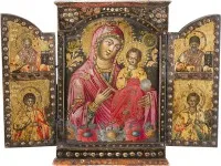 FEINES TRIPTYCHON MIT DER GOTTESMUTTER HODEGETRIA FLANKIERT VON DEN HEILIGEN NIKOLAUS VON MYRA, SPYRIDON, GEORG UND DEMETRIOS