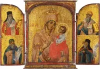TRIPTYCHON MIT DER GOTTESMUTTER PANHAGIA FLANKIERT VON VIER HEILIGEN, DARUNTER DIE HEILIGEN SPIRIDON VON KORFU UND GERASIMOS