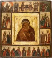 Icône de la Mère de Dieu de Vladimir (Vladimirskaïa) avec grand cadre d'icône représentant la Sainte Trinité et des saints